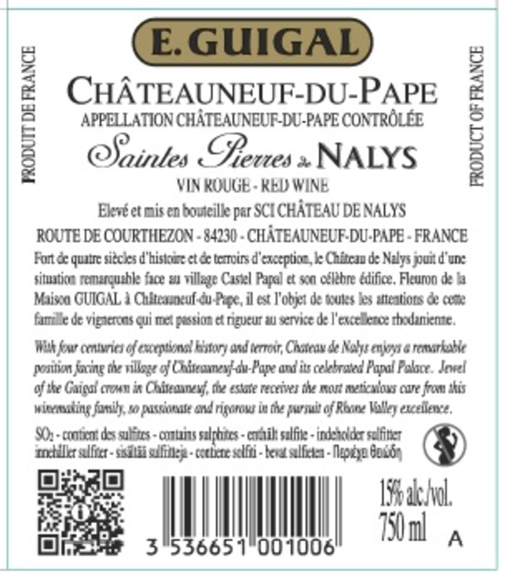Châteauneuf du Pape Rouge Saintes Pierres de Nalys Rückenetikett