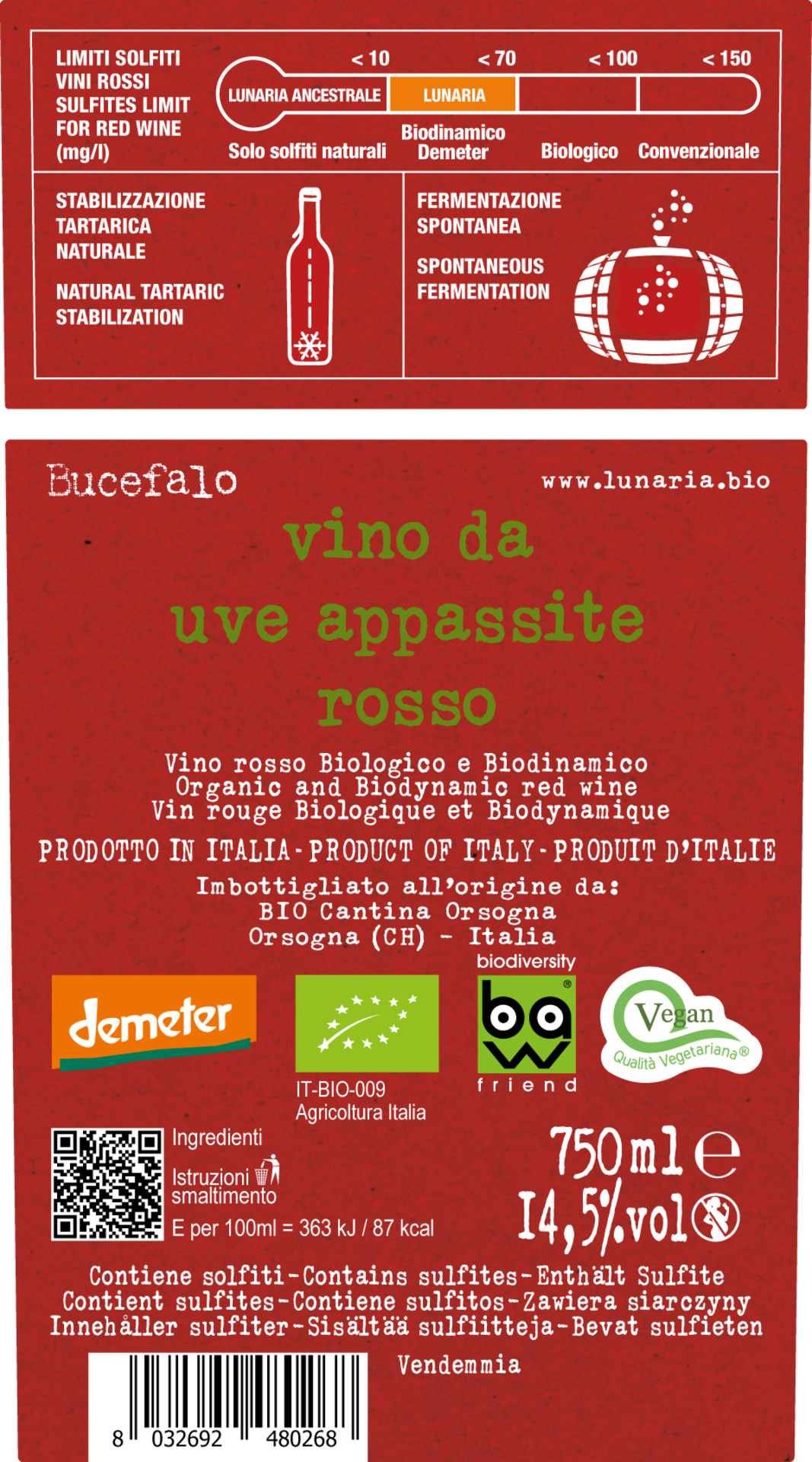 Lunaria - Bucefalo Rosso Vino da Uve Appassite Rückenetikett