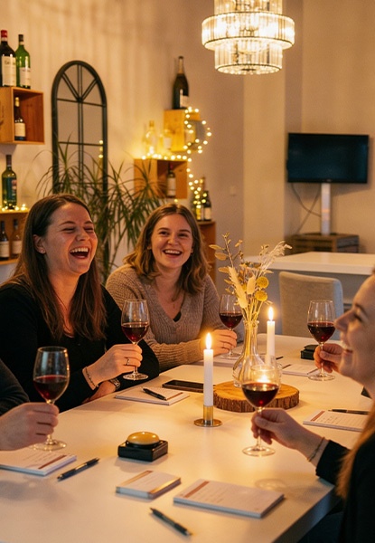 Mehrere Personen sitzen an einem Tisch, lachen und trinken Rotwein bei einer geselligen Weinverkostung.