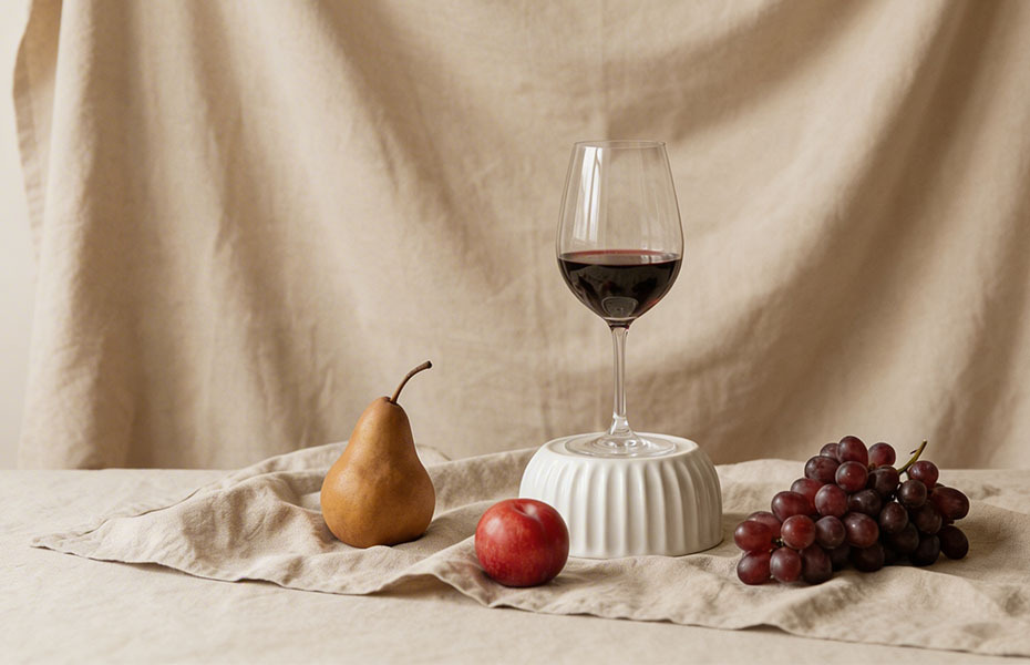 Rotweinglas auf hellem Sockel, umgeben von Birne, Apfel und Trauben vor einem neutralen Stoffhintergrund.